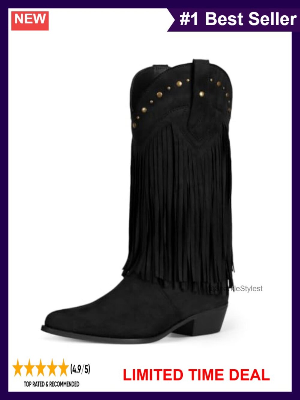 Faux Suede Fringe Cowboy Boots Mid Calf Chunky Heel Western Women